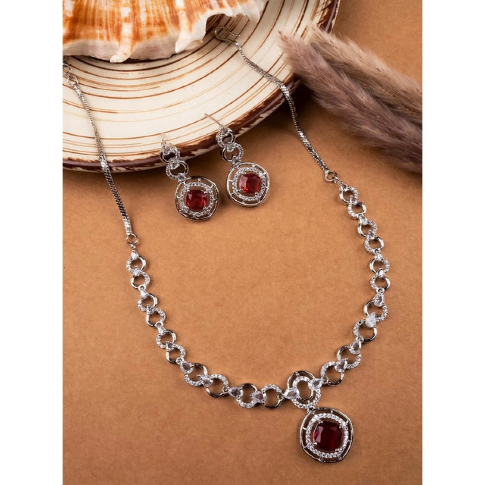Women's Brass Silver Plated Necklace Set — Red · 2043