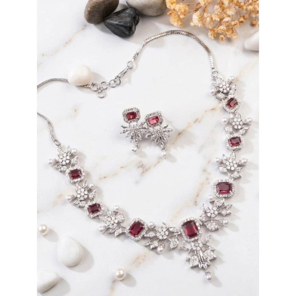Women's Brass Silver Plated Necklace Set — Red · 2047