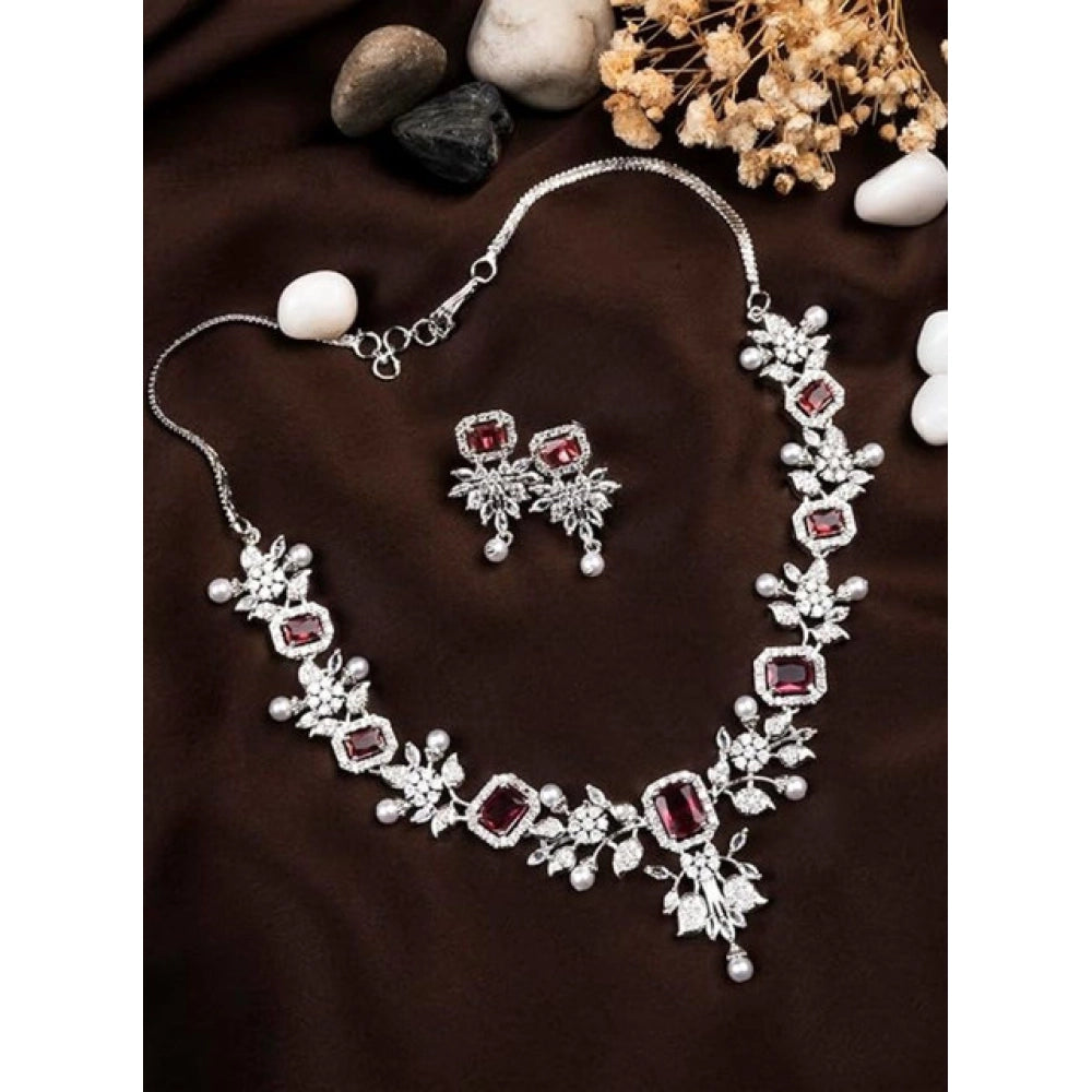 Women's Brass Silver Plated Necklace Set — Red · 2047