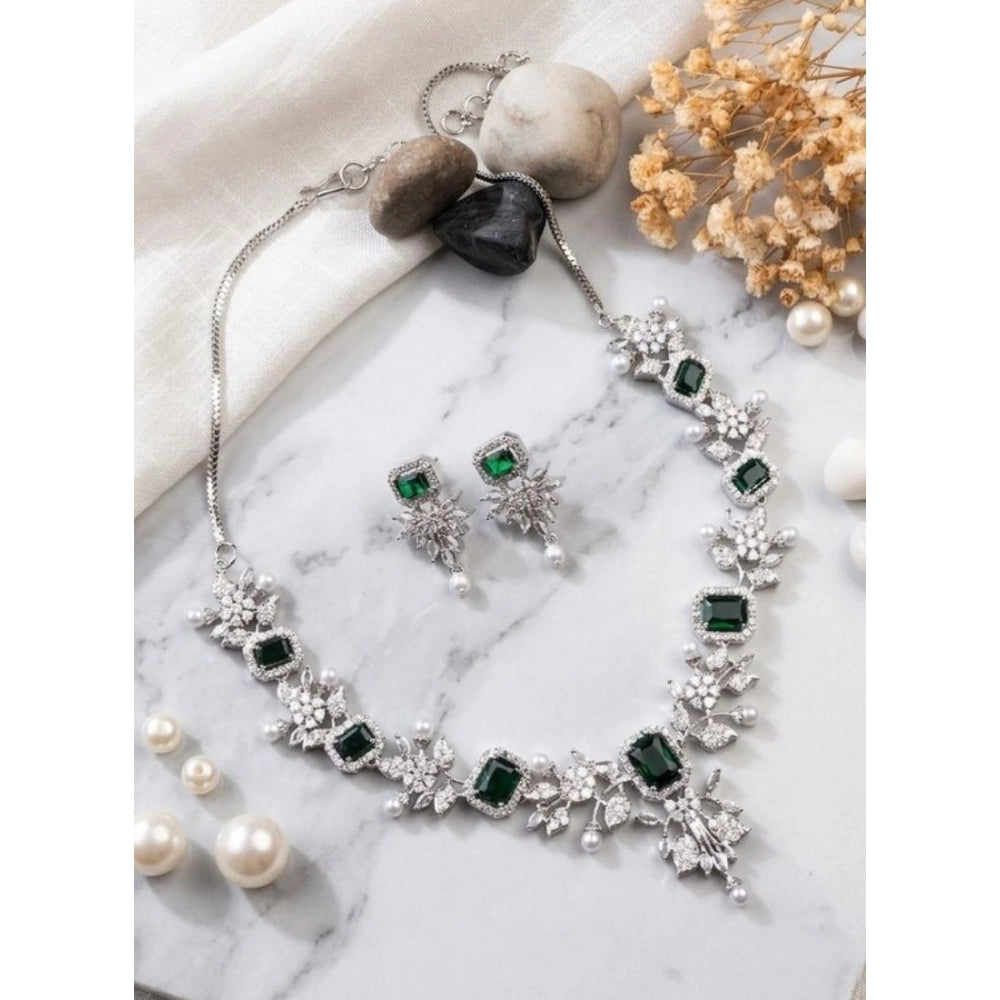 Women's Brass Silver Plated Necklace Set — Green · 2050