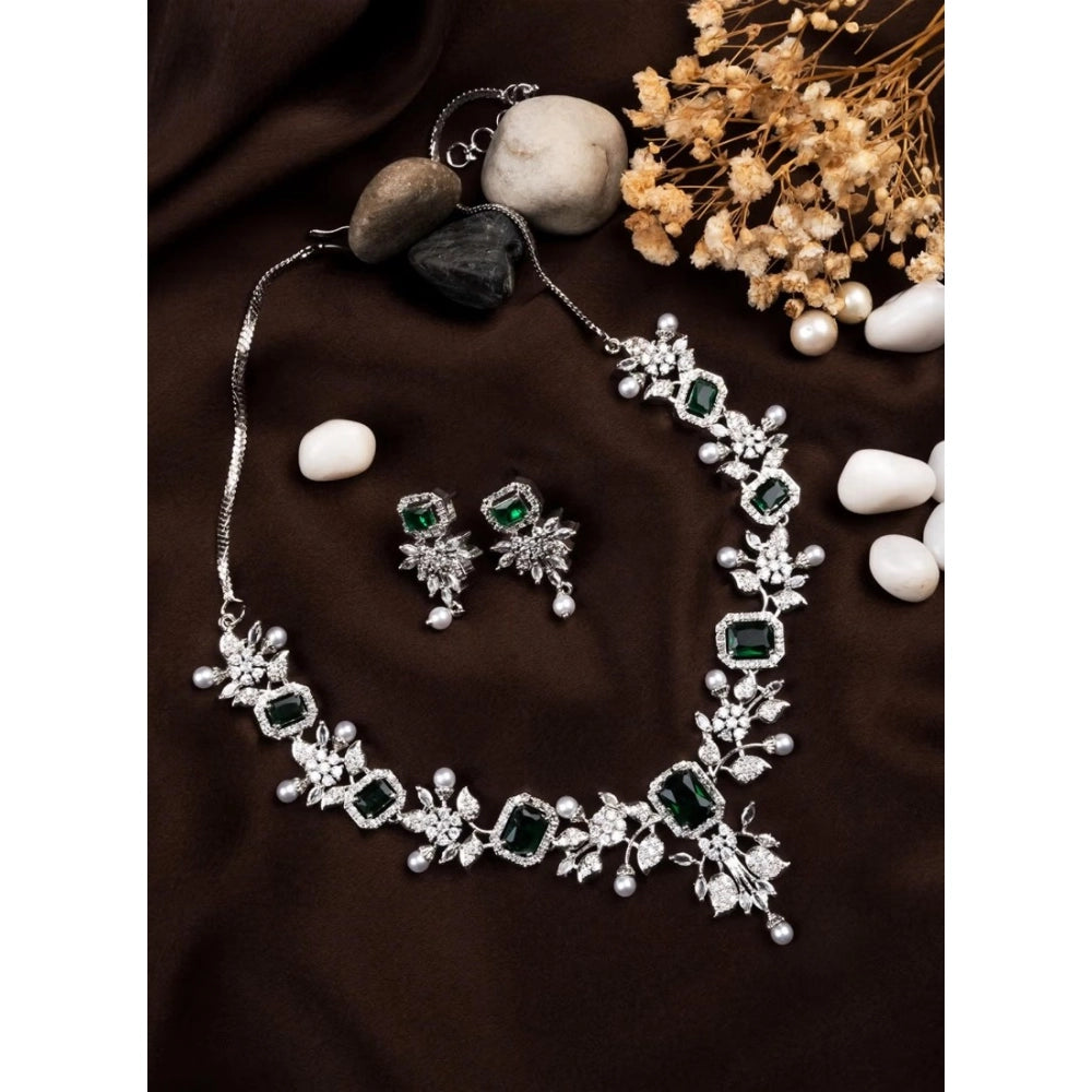 Women's Brass Silver Plated Necklace Set — Green · 2050
