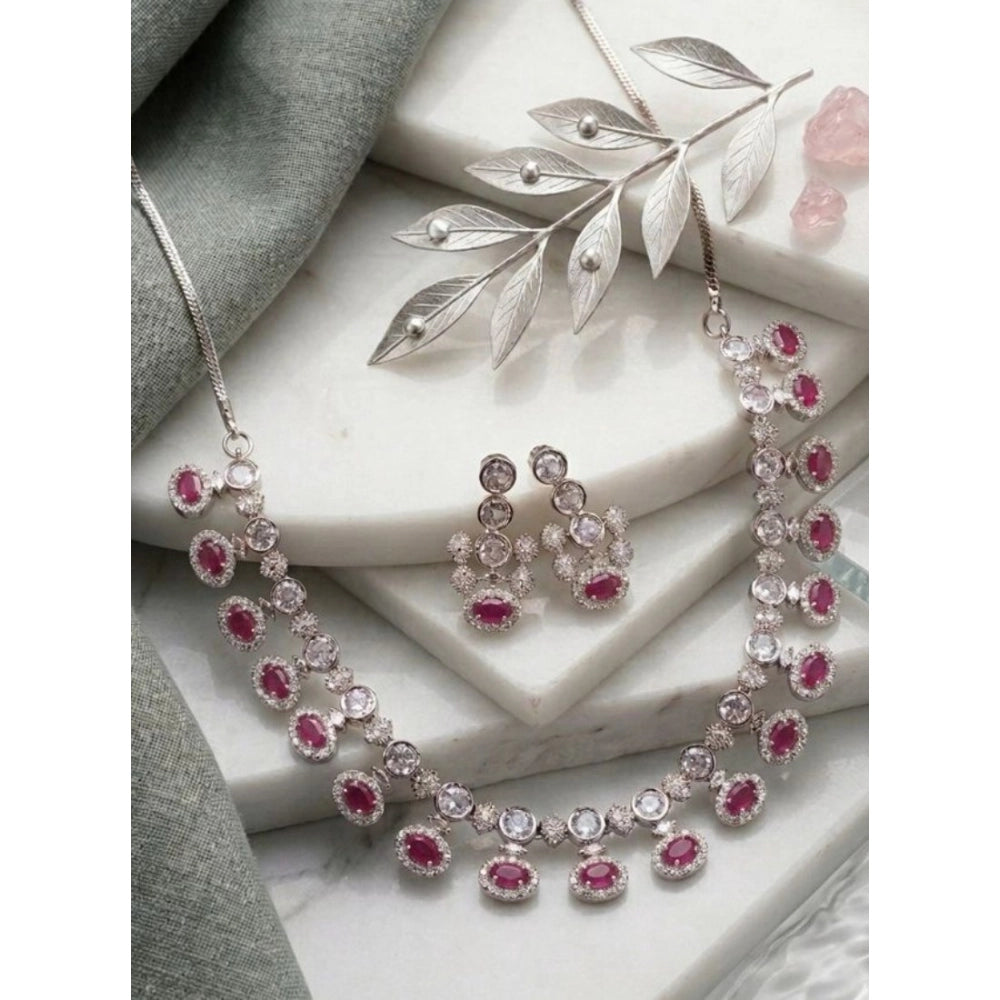 Women's Brass Silver Plated Necklace Set — Pink · 2051