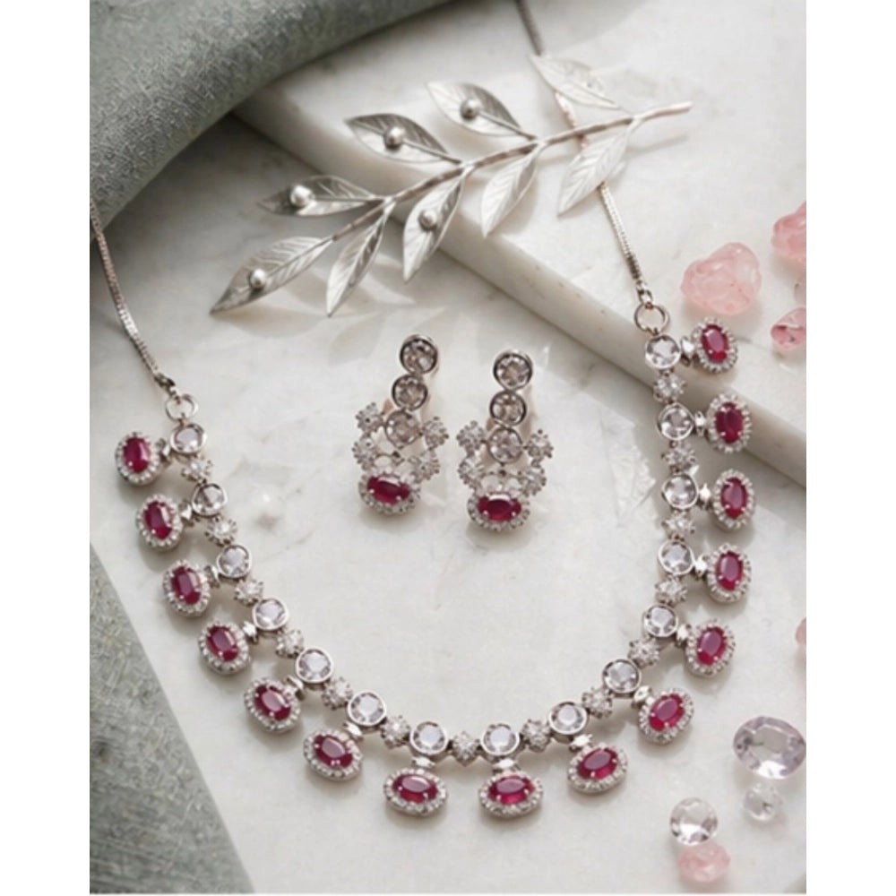 Women's Brass Silver Plated Necklace Set — Pink · 2051