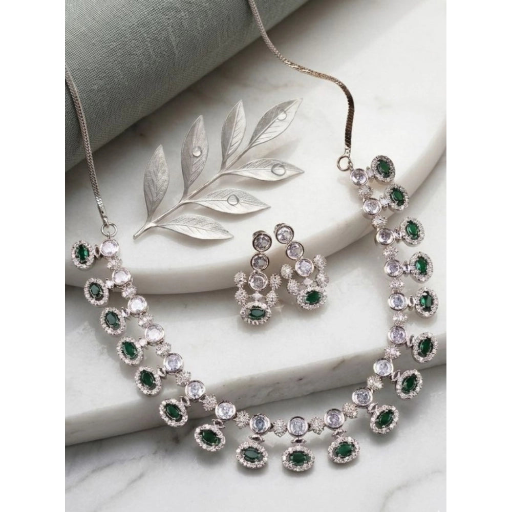 Women's Brass Silver Plated Necklace Set — Green · 2054