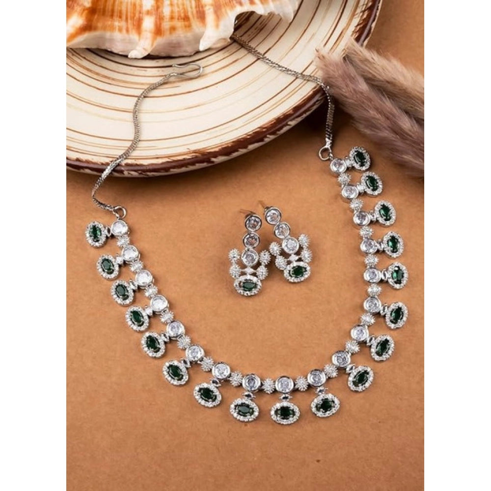 Women's Brass Silver Plated Necklace Set — Green · 2054