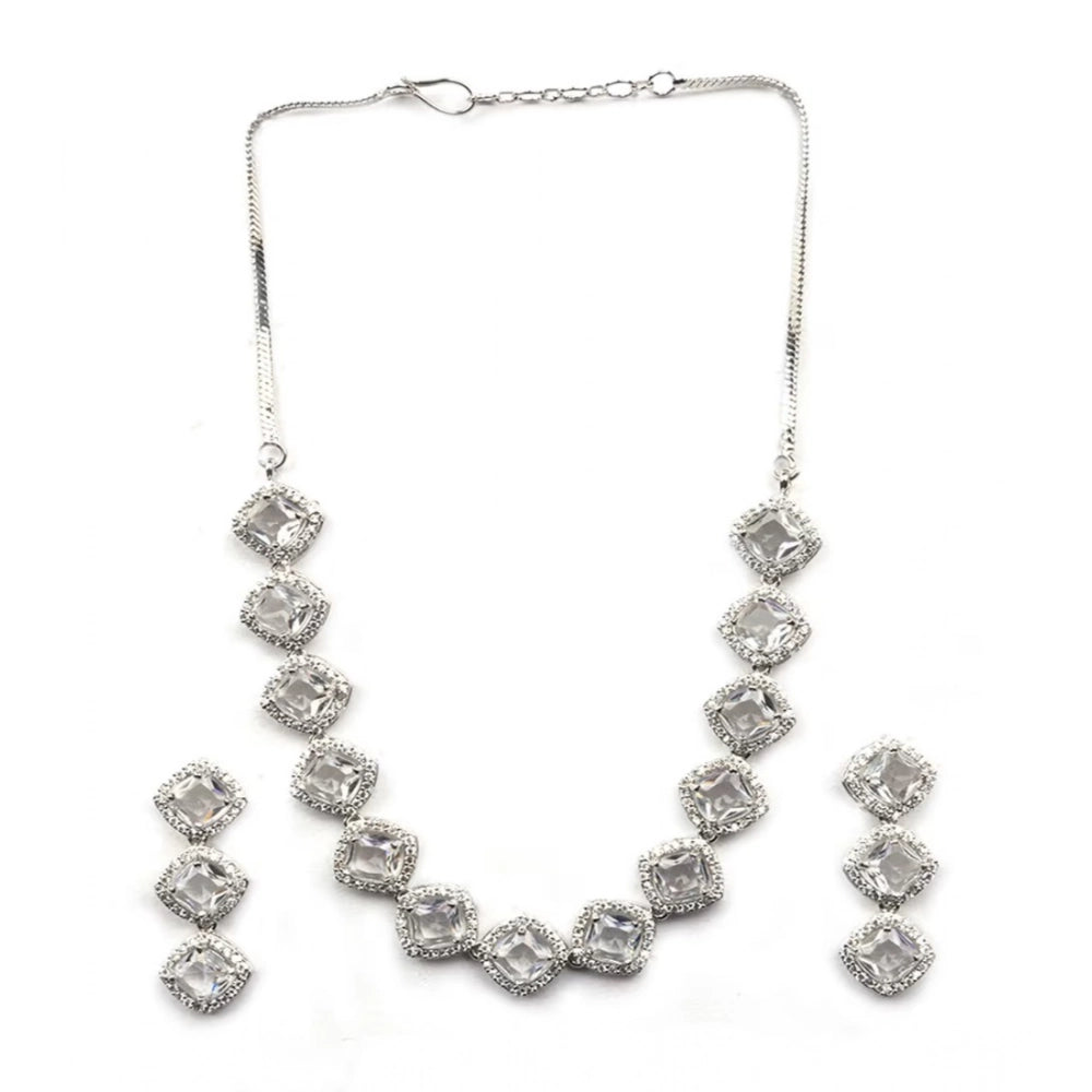 Women's Brass Silver Plated Necklace Set — White · 2055