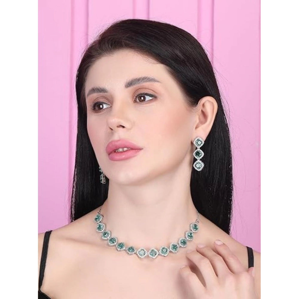 Women's Brass Silver Plated Necklace Set — Green · 2057