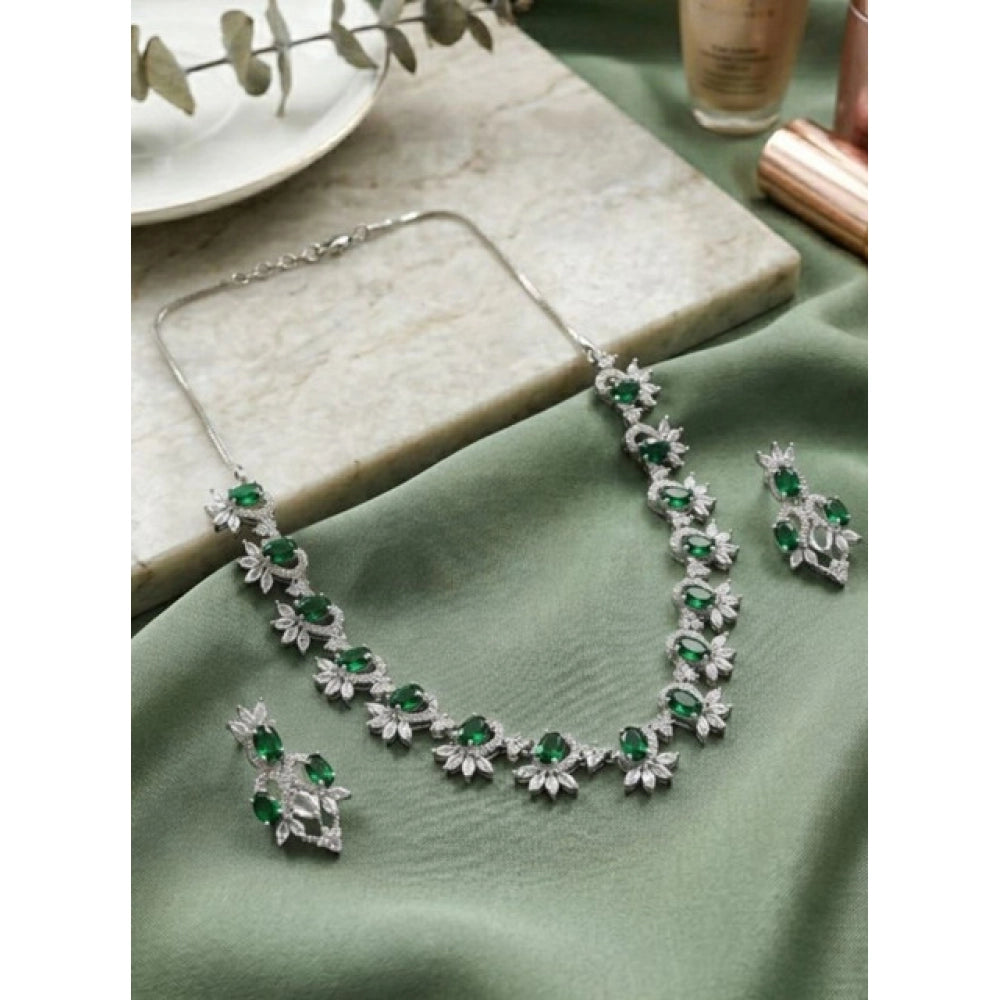 Women's Brass Silver Plated Necklace Set — Green · 2058