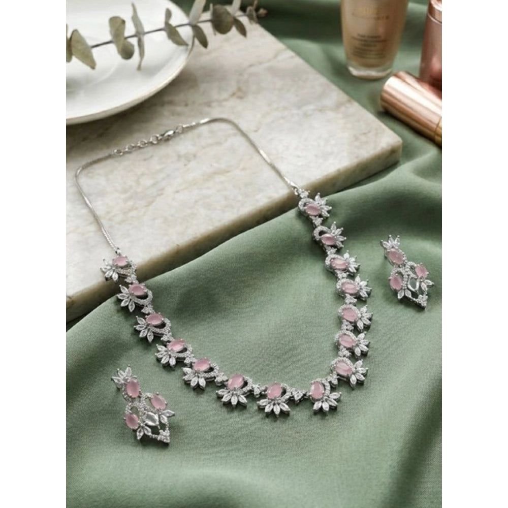 Women's Brass Silver Plated Necklace Set — Pink · 2059