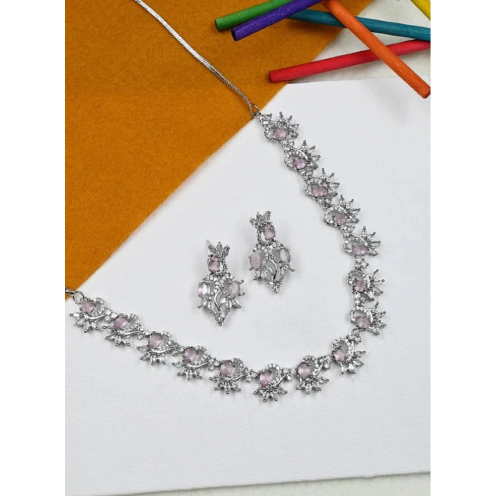 Women's Brass Silver Plated Necklace Set — Pink · 2059