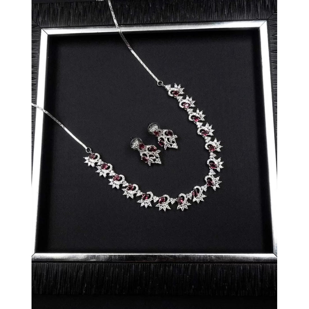 Women's Brass Silver Plated Necklace Set — Red · 2062