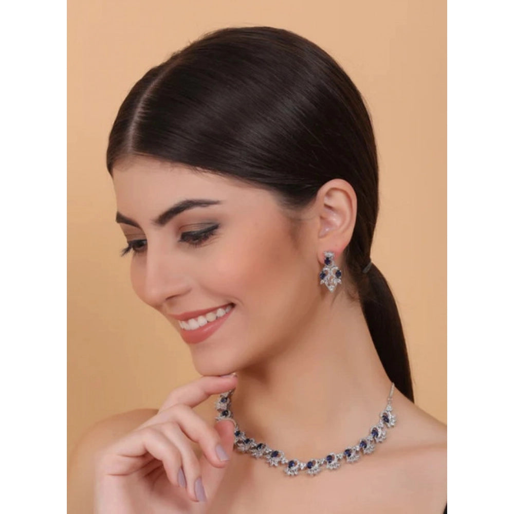 Women's Brass Silver Plated Necklace Set — Blue · 2063