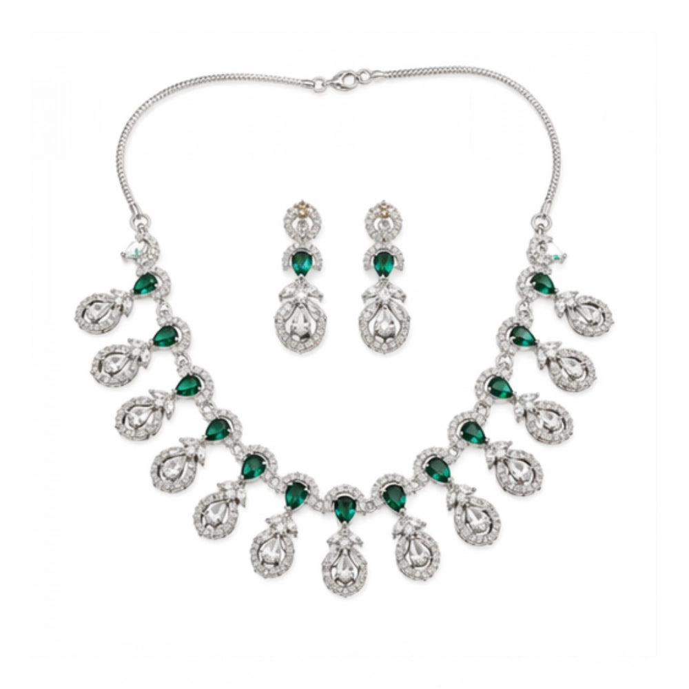 Women's Brass Silver Plated Necklace Set — Green · 2066