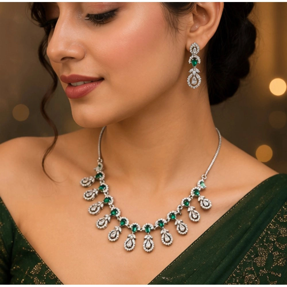 Women's Brass Silver Plated Necklace Set — Green · 2066