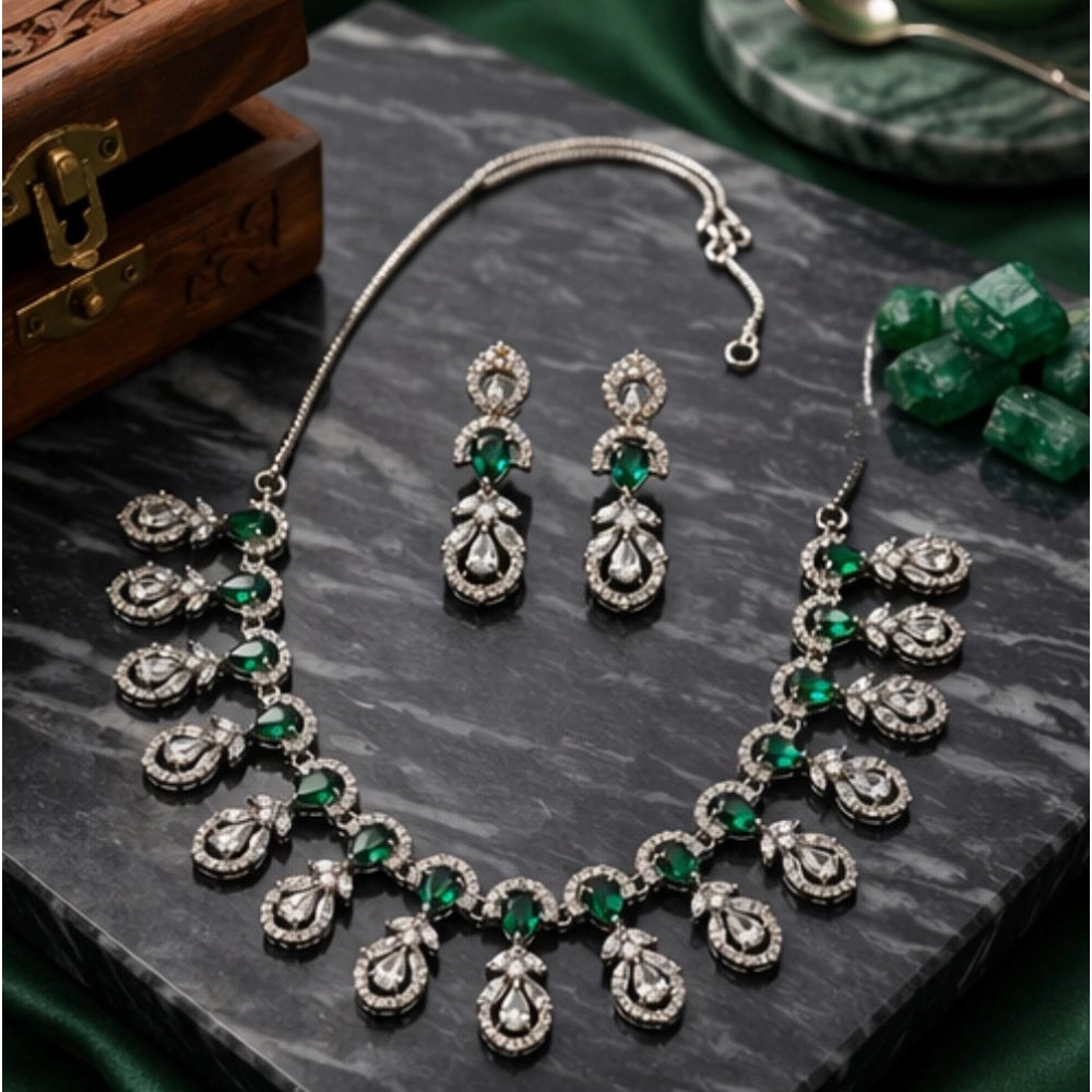 Women's Brass Silver Plated Necklace Set — Green · 2066