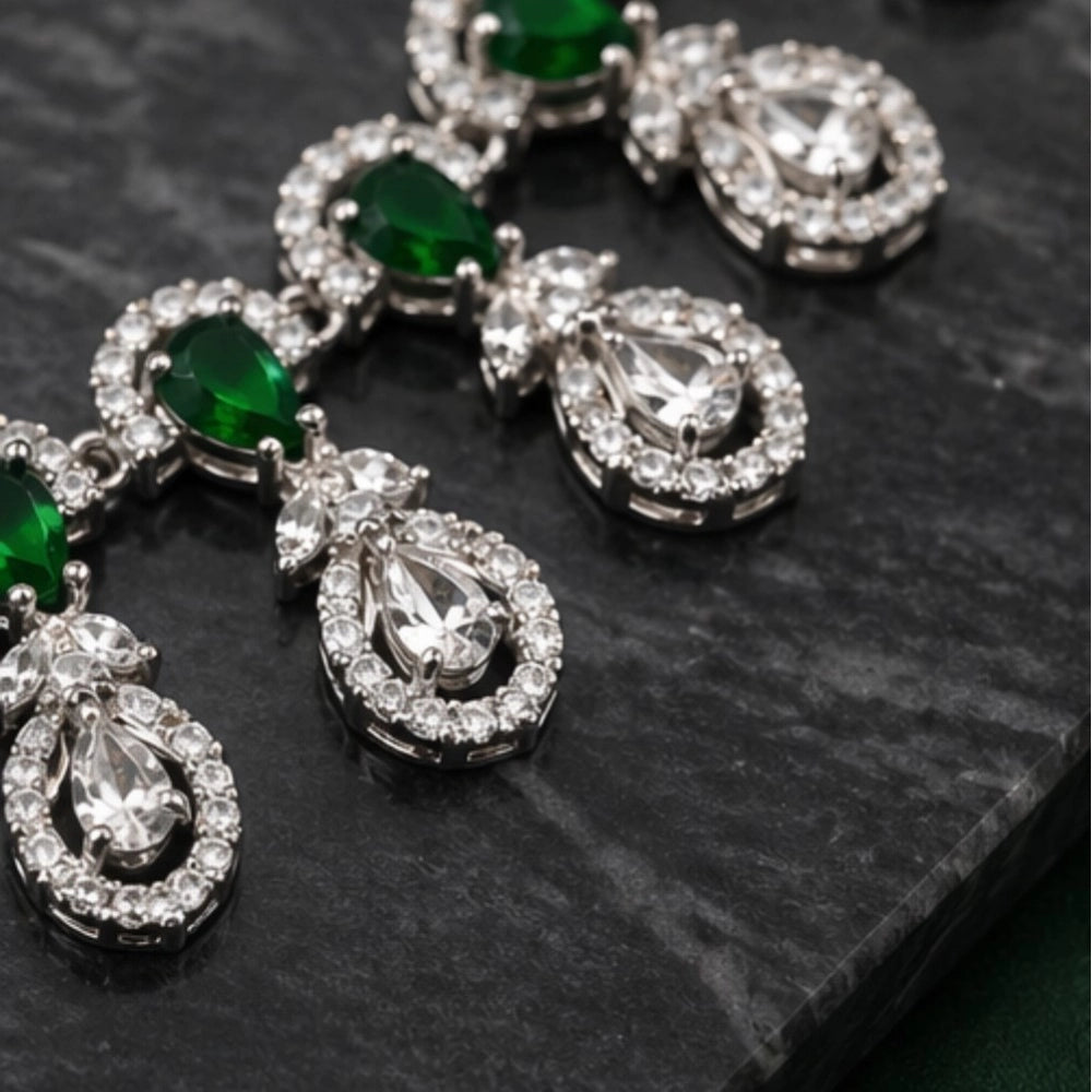 Women's Brass Silver Plated Necklace Set — Green · 2066