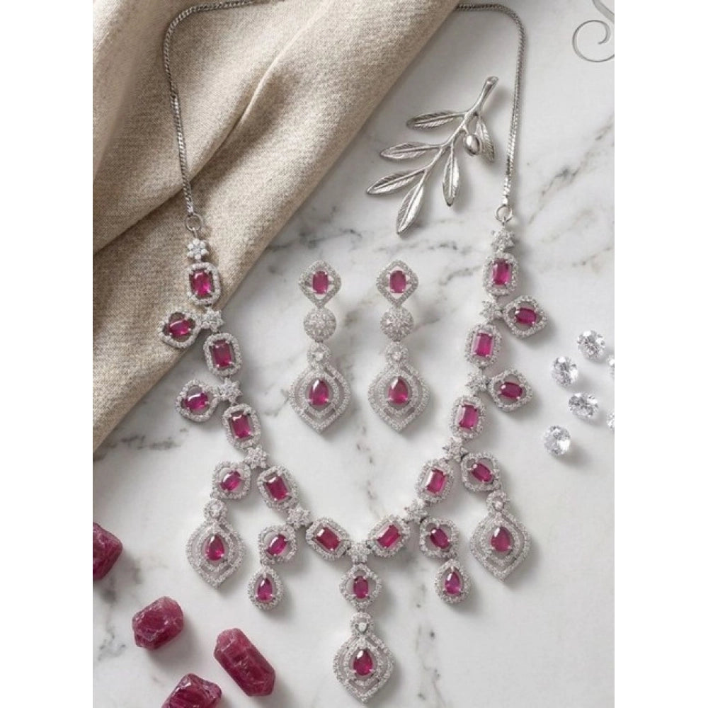 Women's Brass Silver Plated Necklace Set — Red · 2067