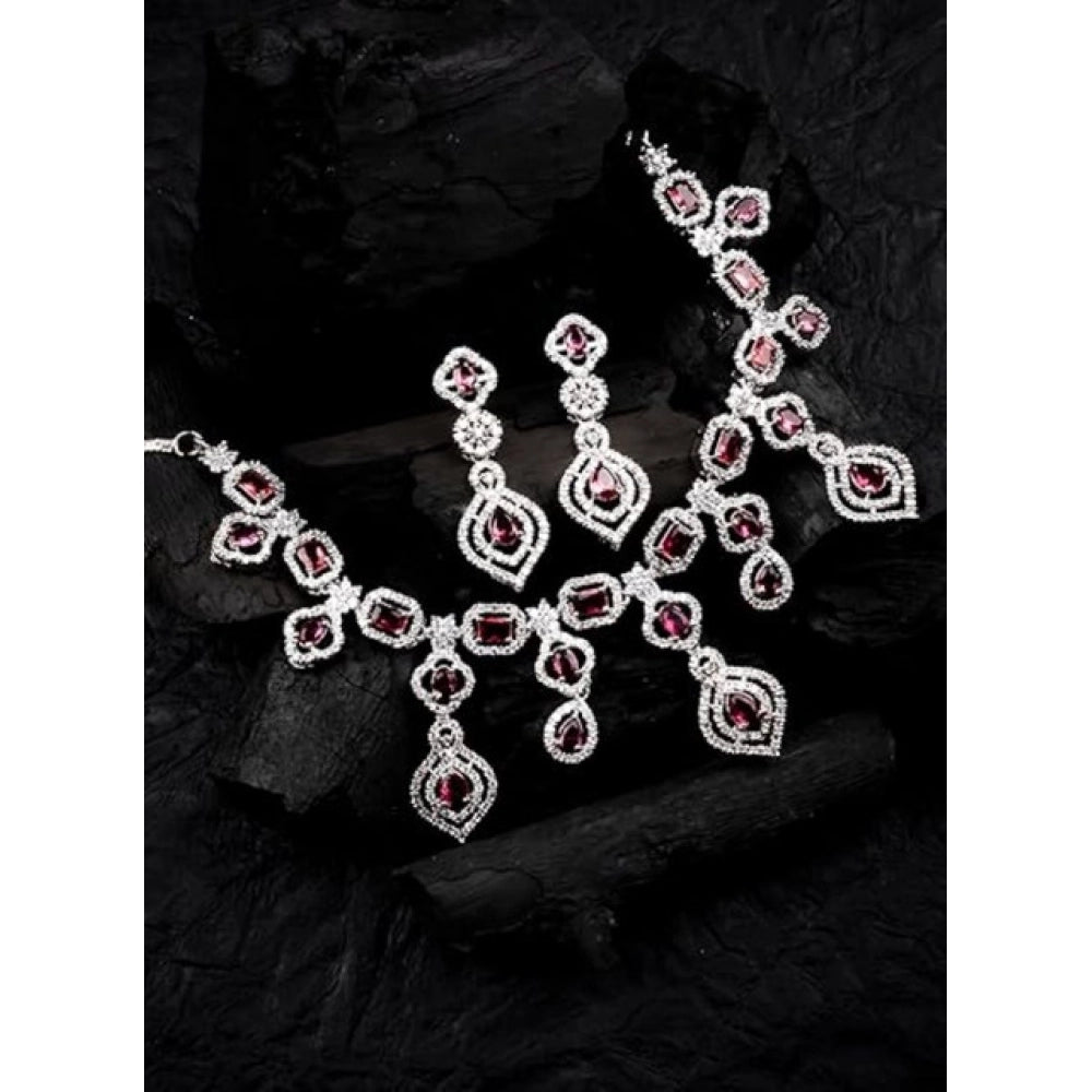 Women's Brass Silver Plated Necklace Set — Red · 2067