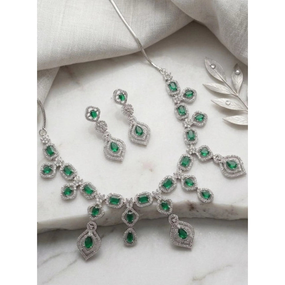 Women's Brass Silver Plated Necklace Set — Green · 2070