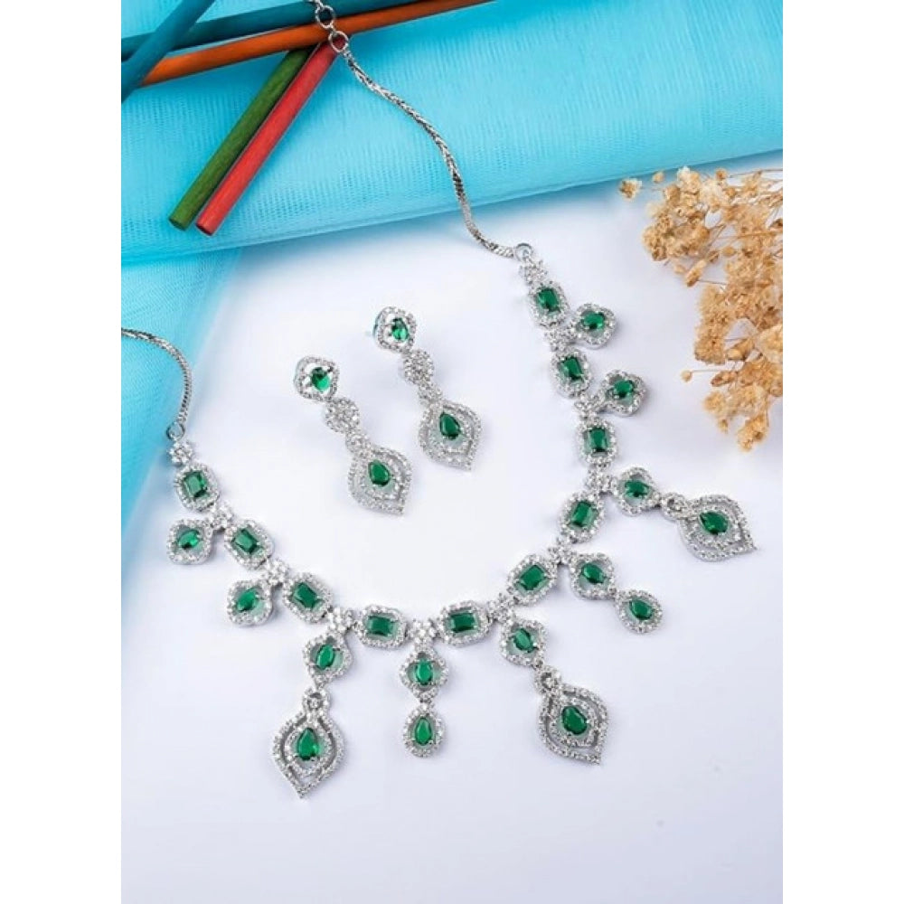 Women's Brass Silver Plated Necklace Set — Green · 2070
