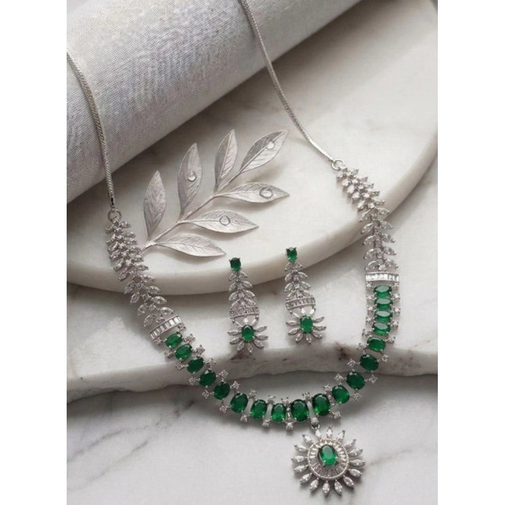 Women's Brass Silver Plated Necklace Set — Green · 2073