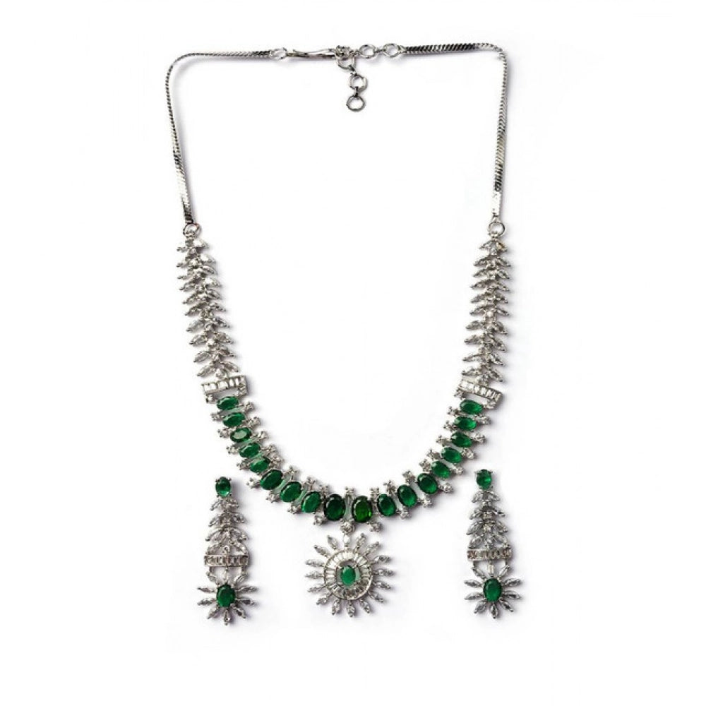 Women's Brass Silver Plated Necklace Set — Green · 2073