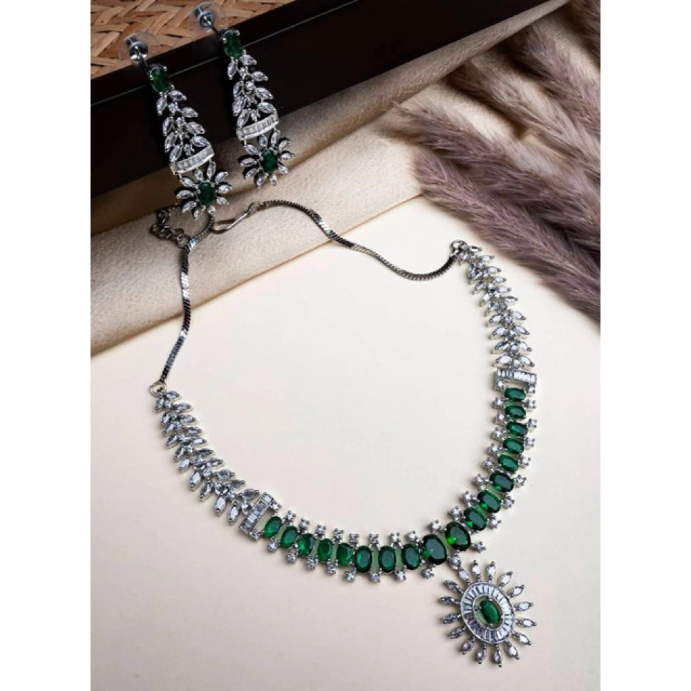 Women's Brass Silver Plated Necklace Set — Green · 2073