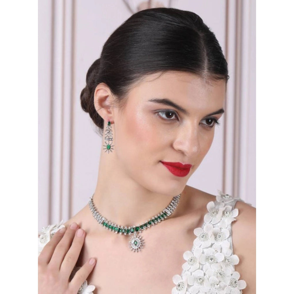 Women's Brass Silver Plated Necklace Set — Green · 2073