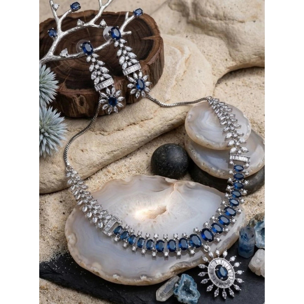 Women's Brass Silver Plated Necklace Set — Blue · 2074