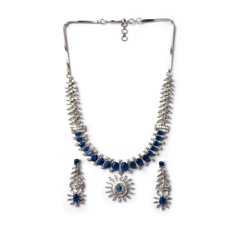 Women's Brass Silver Plated Necklace Set — Blue · 2074