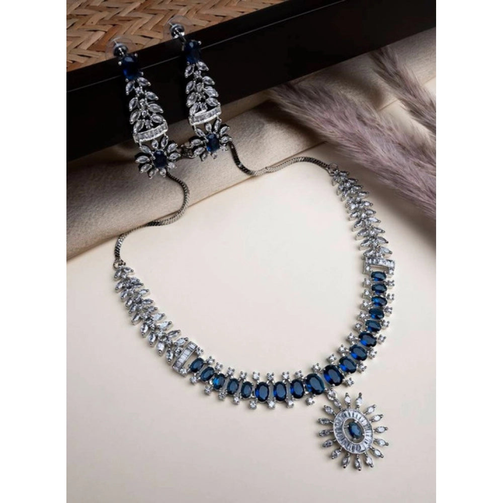 Women's Brass Silver Plated Necklace Set — Blue · 2074