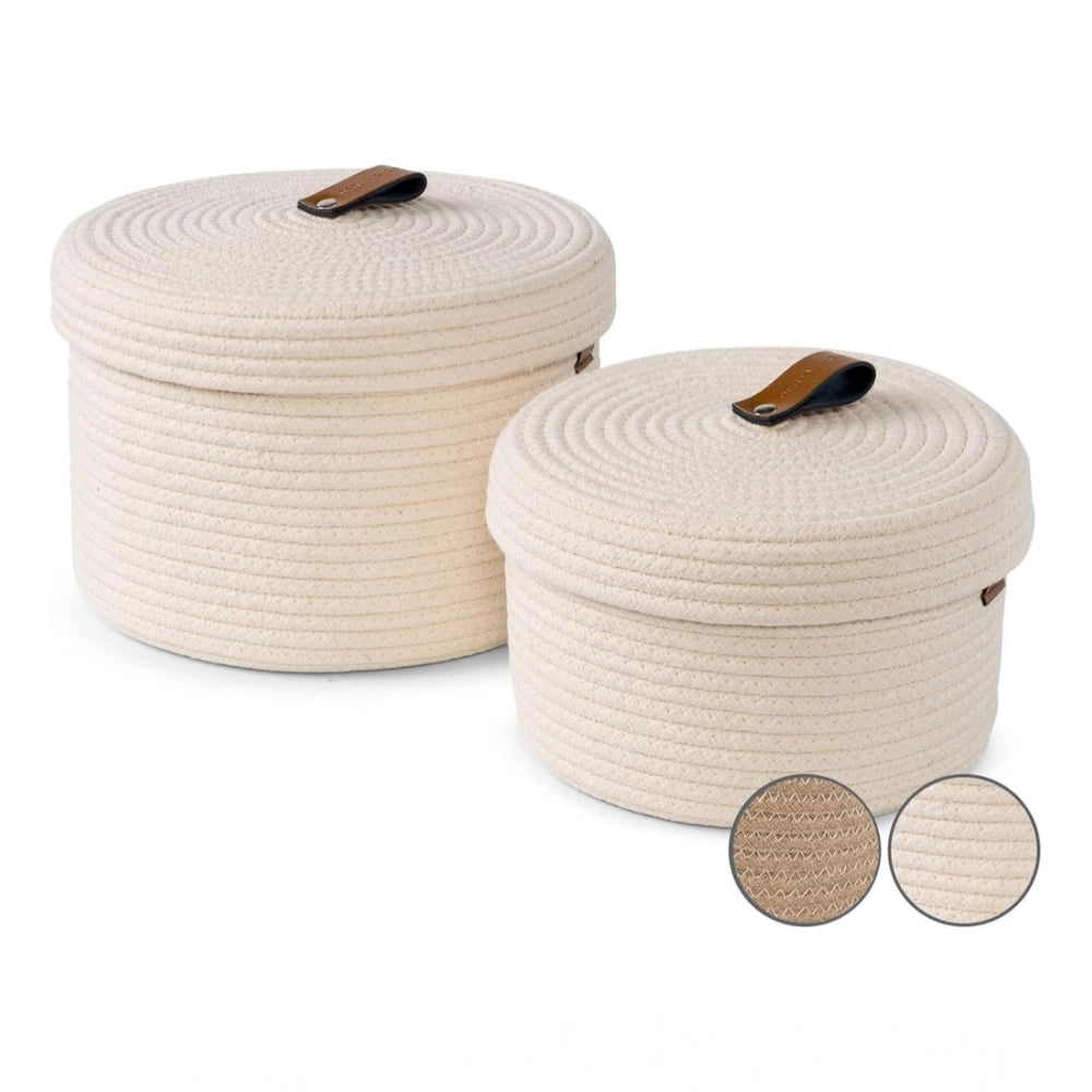 Cotton 2 Pcs Set Roti Box Storage Basket — White