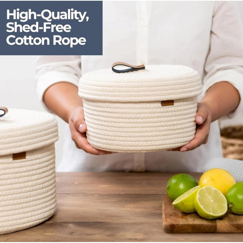 Cotton 2 Pcs Set Roti Box Storage Basket — White
