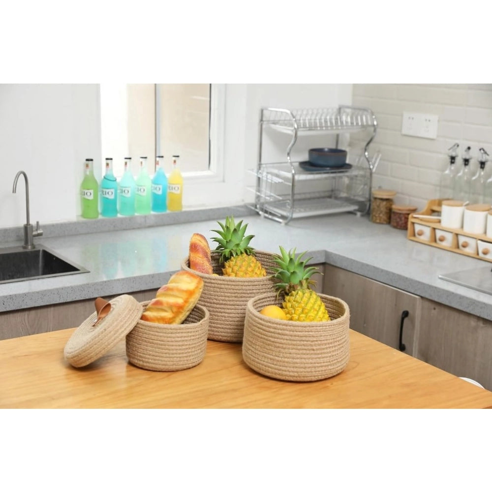 Cotton 3 Pcs Set Roti Box Storage Basket — Beige