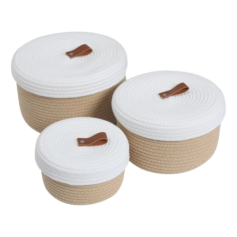 Cotton 3 Pcs Set Roti Box Storage Basket — Beige-White
