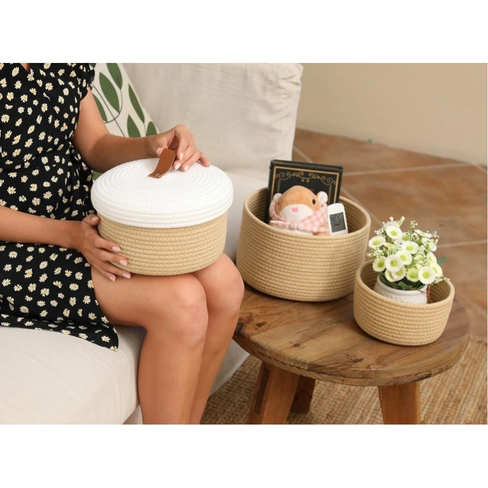 Cotton 3 Pcs Set Roti Box Storage Basket — Beige-White