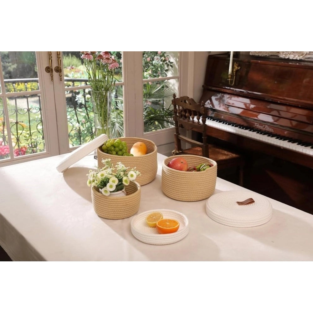 Cotton 3 Pcs Set Roti Box Storage Basket — Beige-White