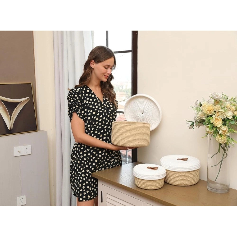 Cotton 3 Pcs Set Roti Box Storage Basket — Beige-White