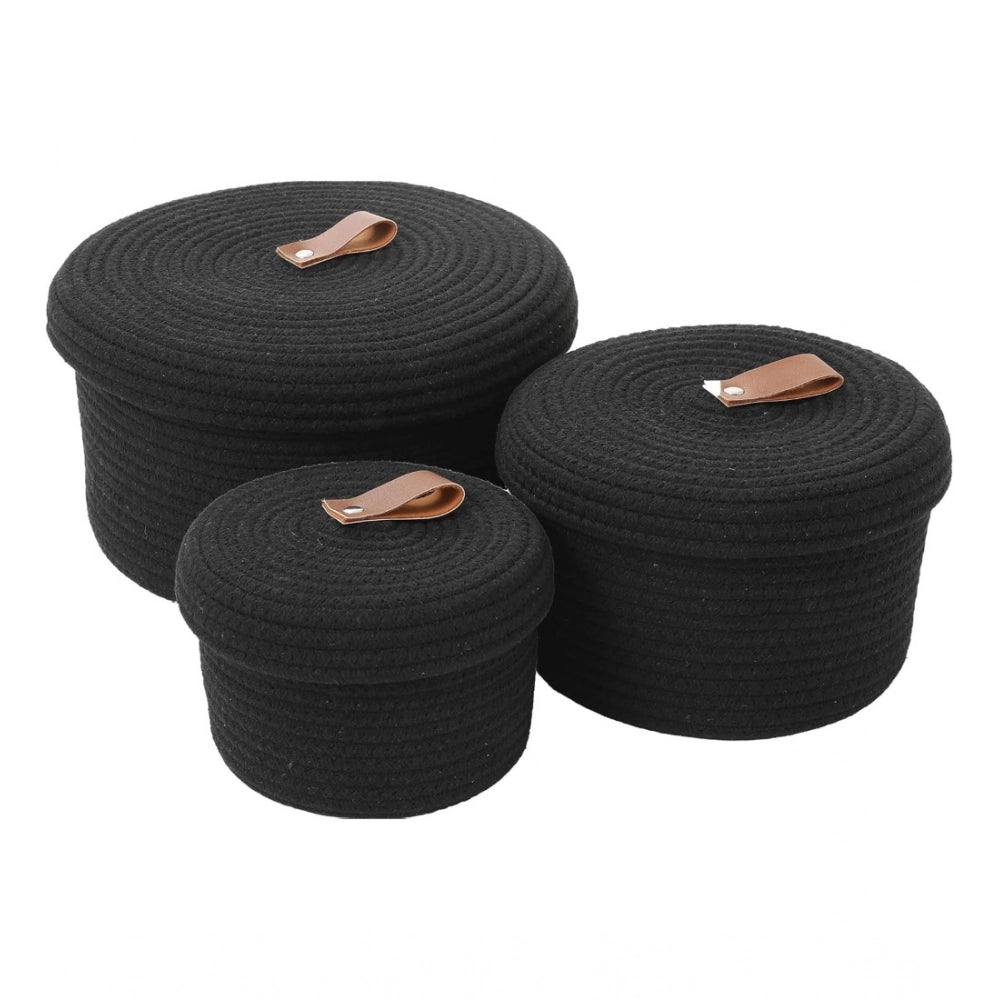 Cotton 3 Pcs Set Roti Box Storage Basket — Black