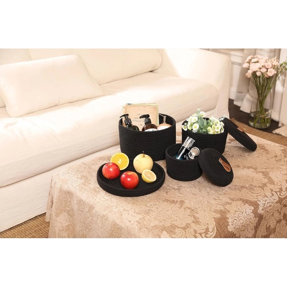 Cotton 3 Pcs Set Roti Box Storage Basket — Black