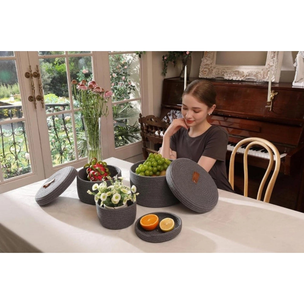 Cotton 3 Pcs Set Roti Box Storage Basket — Gray