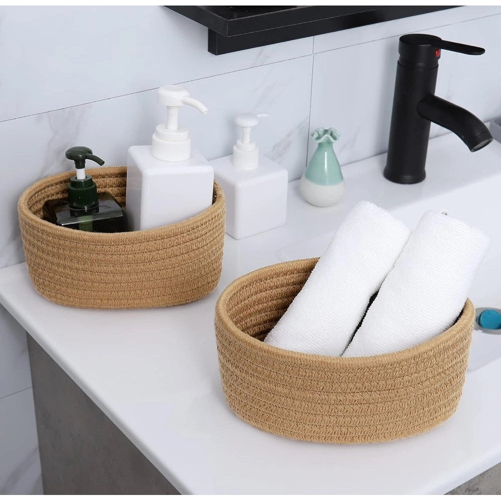 Cotton 8X3 Inch Round 2 Set Bedside Organizer — Beige