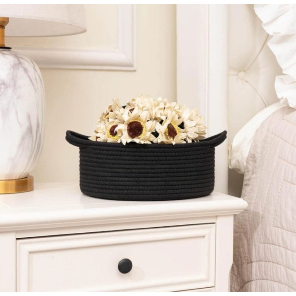 Cotton 8X3 Inch Round Bedside Organizer — Black