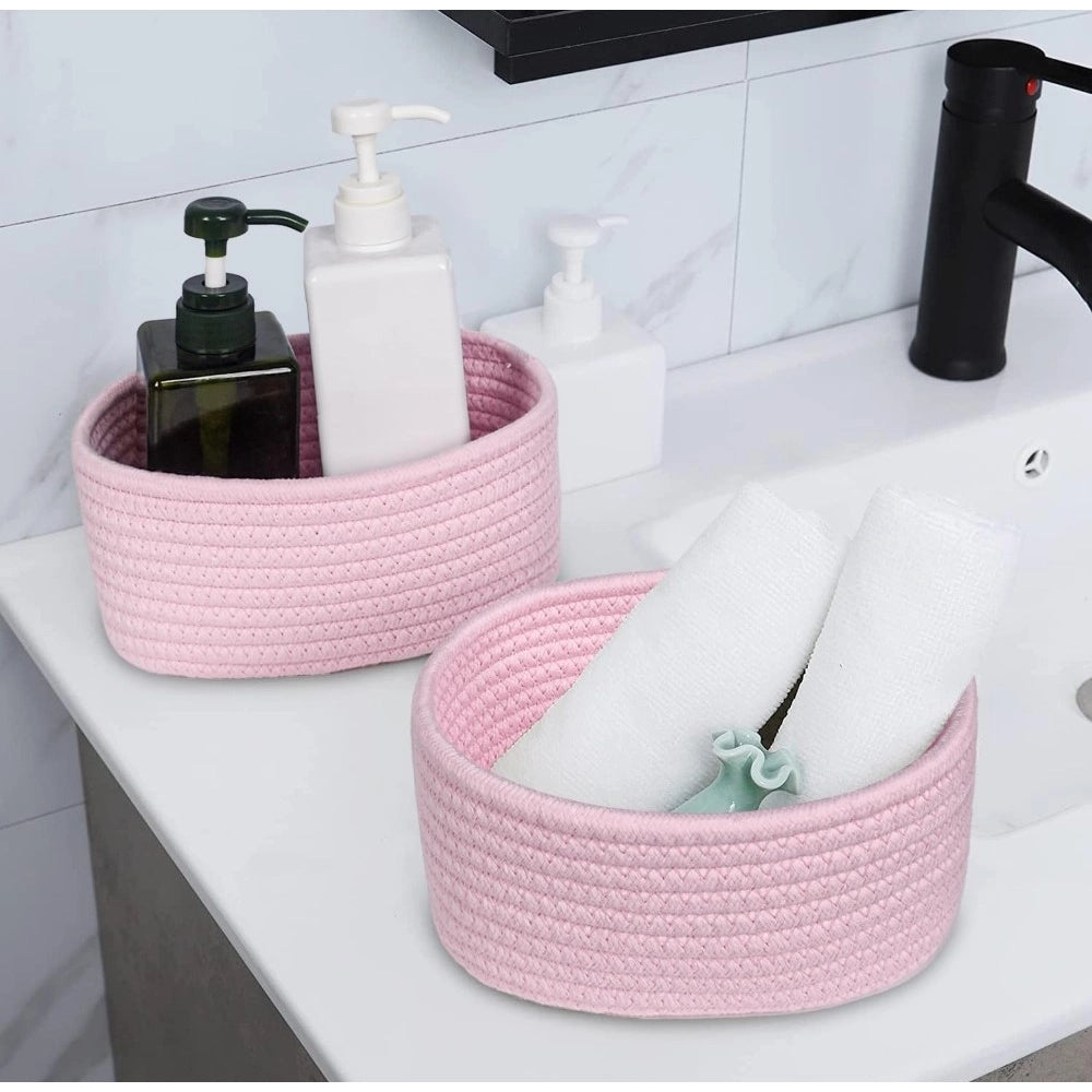 Cotton 8X3 Inch Round 2 Set Bedside Organizer — Pink