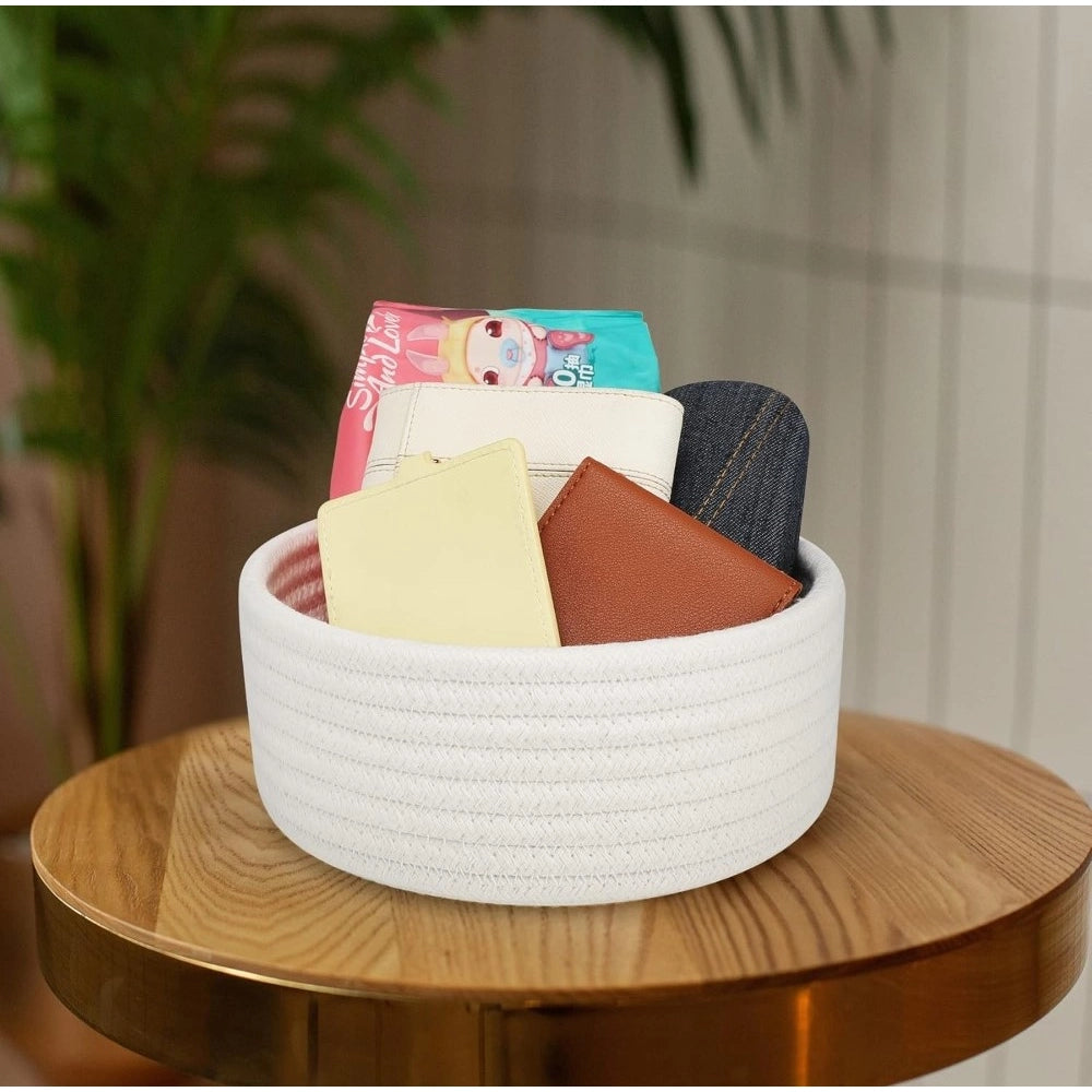 Cotton 8X3 Inch Round 1 Pcs Bedside Organizer — White