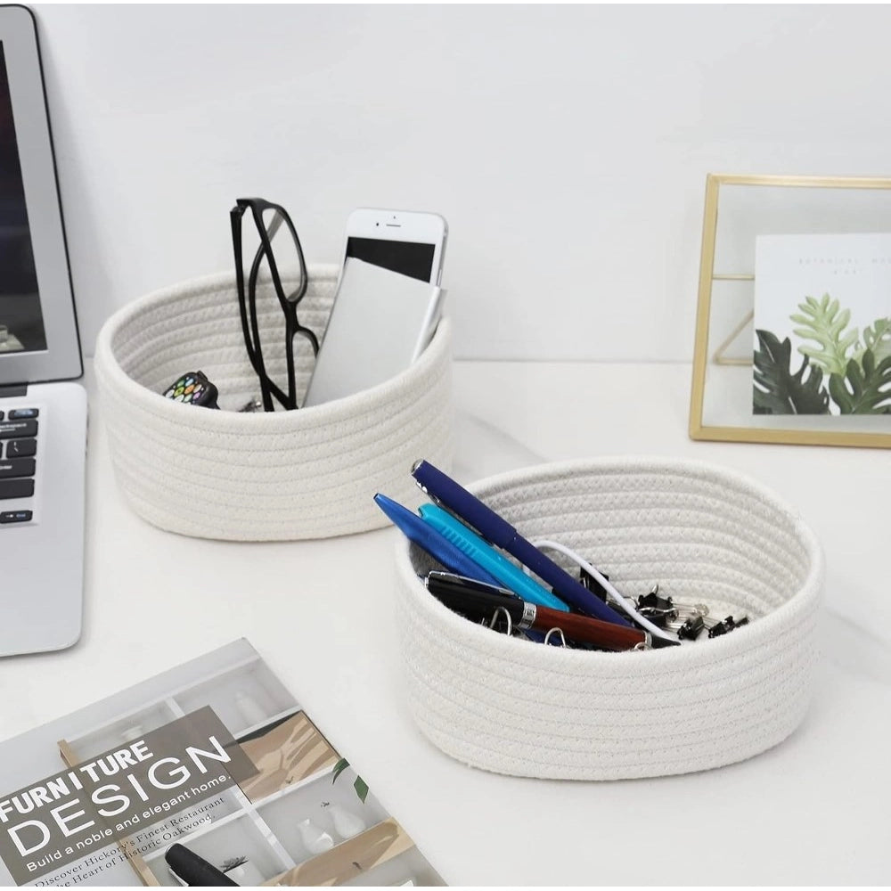 Cotton 8X3 Inch Round 2 Set Bedside Organizer — White