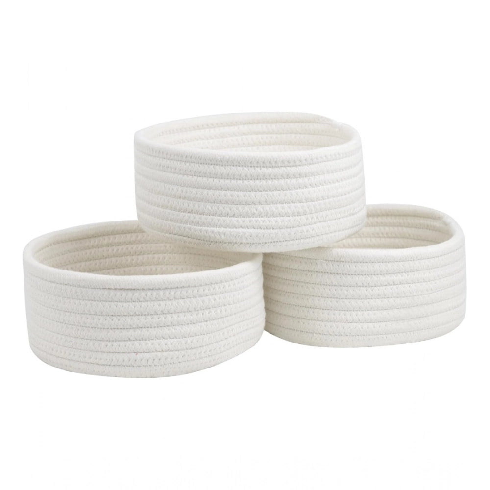 Cotton 8X3 Inch Round 3 Set Bedside Organizer — White