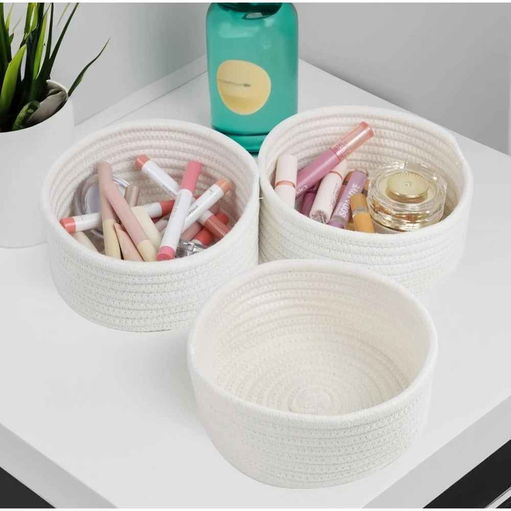 Cotton 8X3 Inch Round 3 Set Bedside Organizer — White