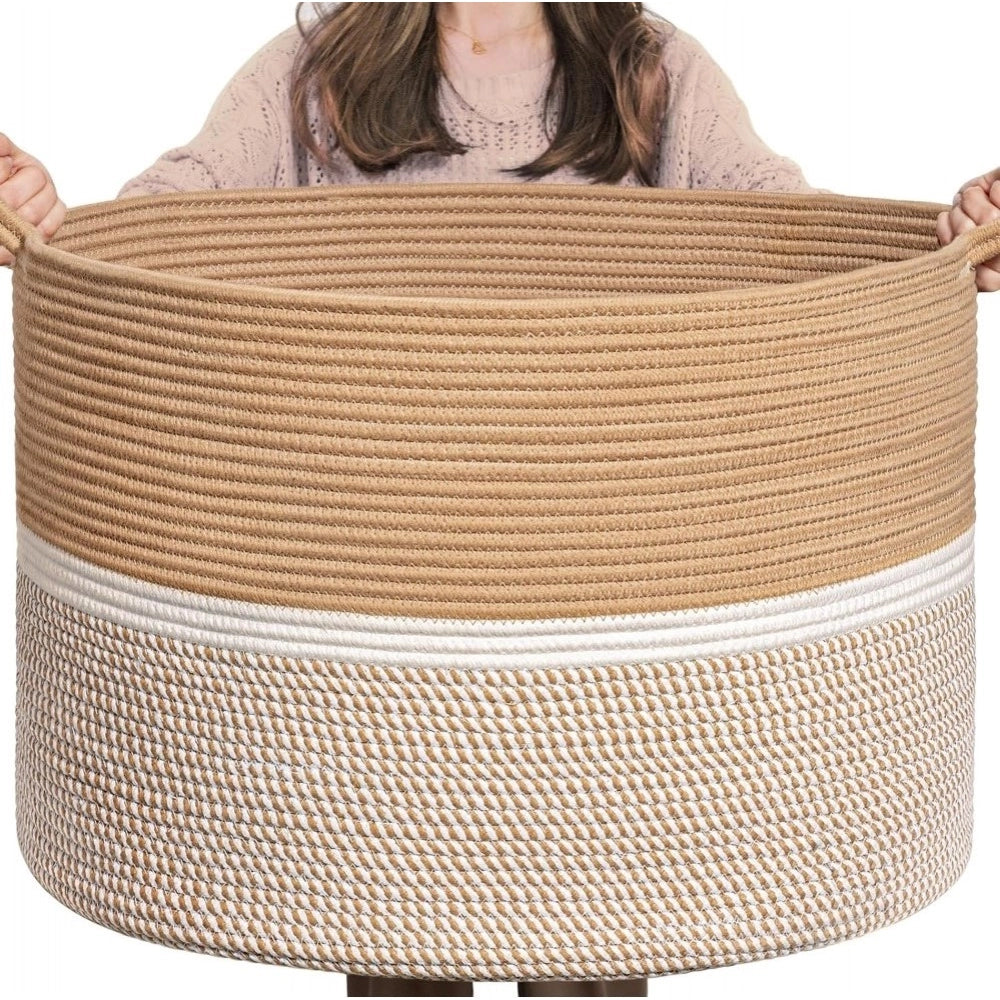 Cotton Dori 16X14 Inch Storage Basket For Clothes — Beige-Beige-White