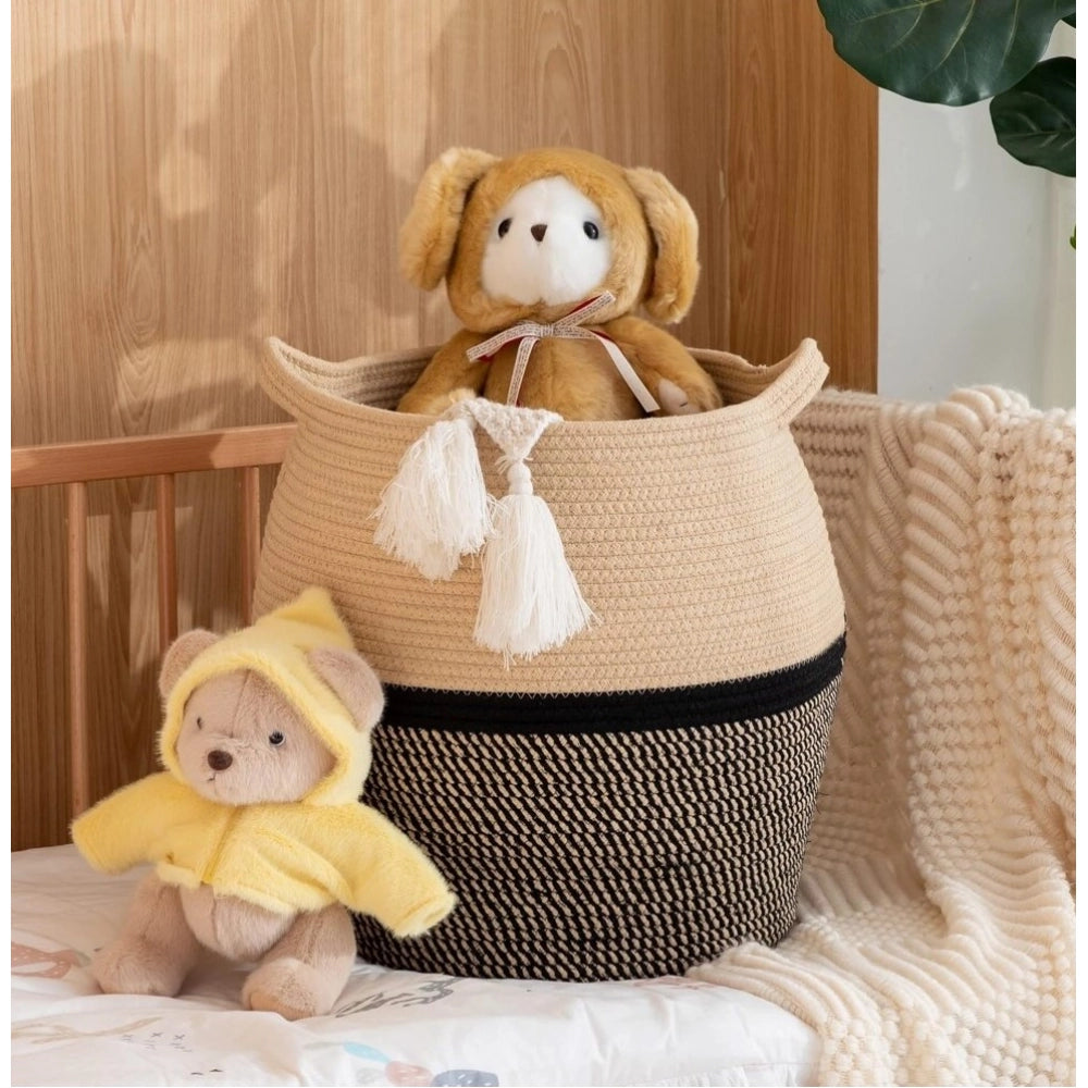 Cotton Matka 14X12 Inch Storage Basket For Clothes — Beige-Black